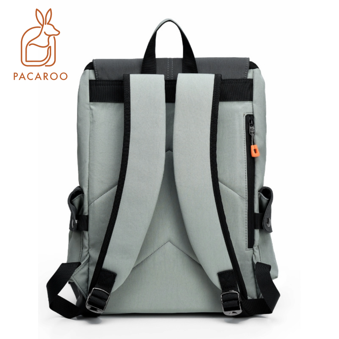 Gray backpack with black straps on a white background, featuring the Pacaroo brand logo.