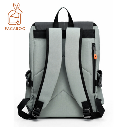 Gray backpack with black straps on a white background, featuring the Pacaroo brand logo.
