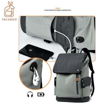 Gray backpack with charging port and phone illustration, featuring Pacaroo brand.