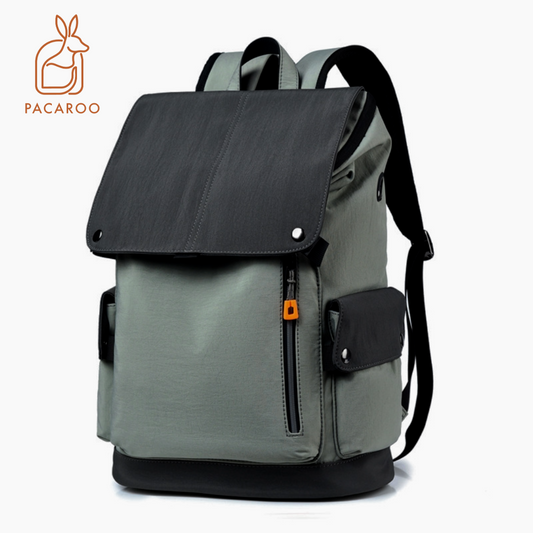 Gray and black backpack with a visible brand logo on a white background